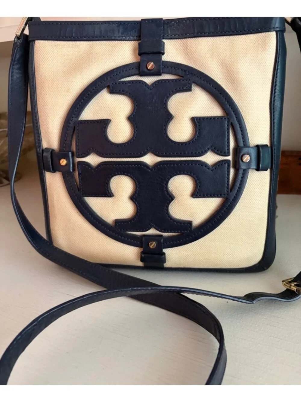 Tory Burch Holly Navy Leather and Canvas Crossbody Shoulder Bag